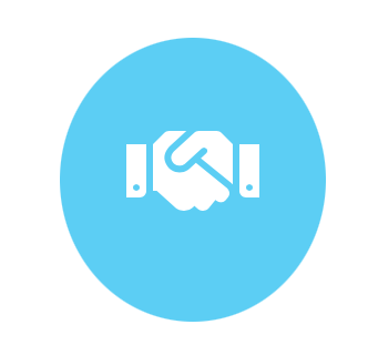 Blue circle icon with white handshake symbol