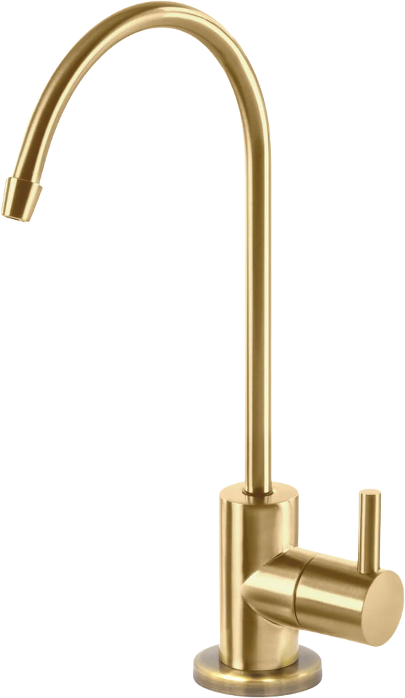 Gold kitchen faucet with a high curved spout and a single lever handle.