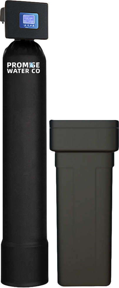 Water filtration system with a black tall unit labeled 'Promise Water Co' and a separate gray storage tank.
