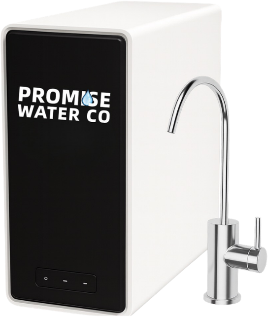 A water purifier machine with the logo 'Promise Water Co' on the front, featuring a black display panel, and a silver faucet attached on the right side.