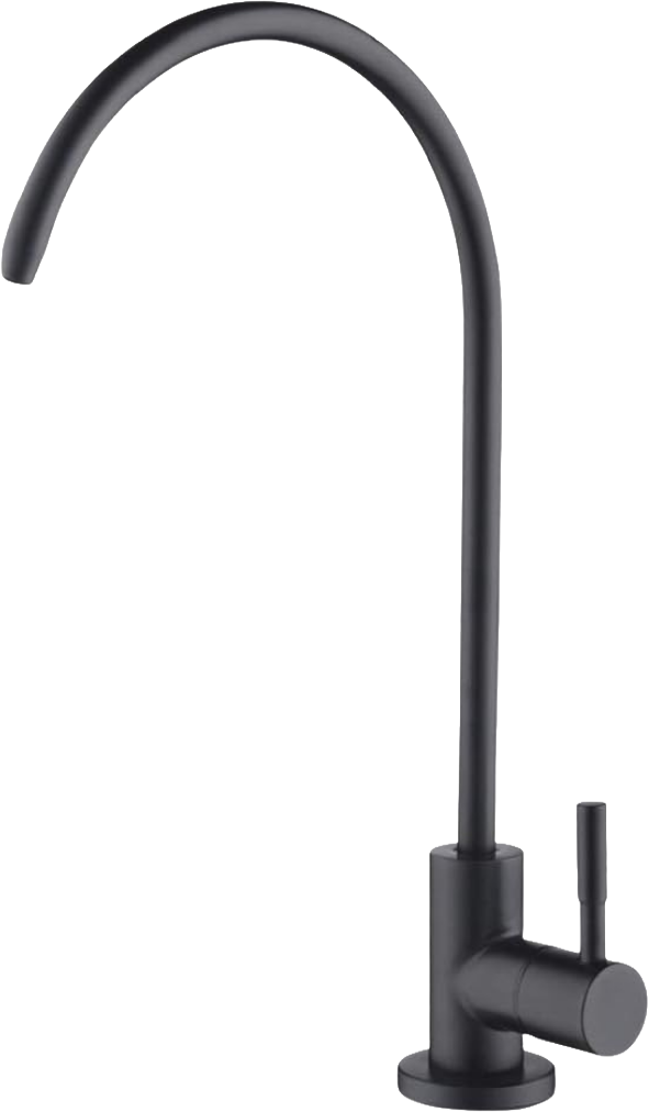 Black kitchen faucet with a high arc spout and a single lever handle, mounted on a white background.