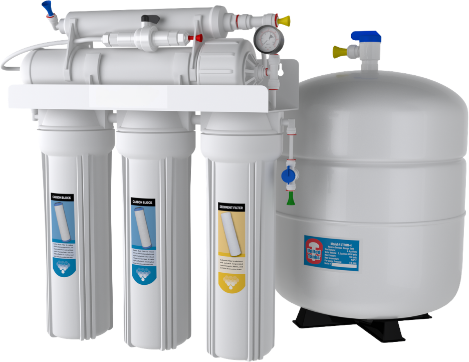 A water filtration system with three filter cartridges labeled carbon block and sediment filter, connected to a large white tank.