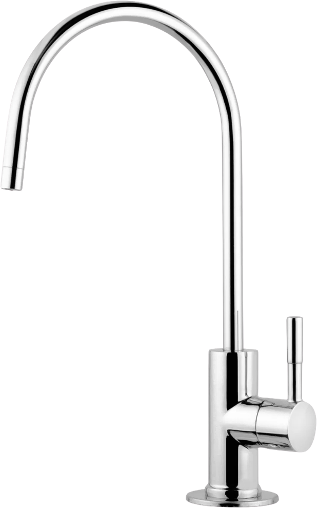 A modern, shiny chrome kitchen faucet with a curved spout and a single lever handle against a plain white background.