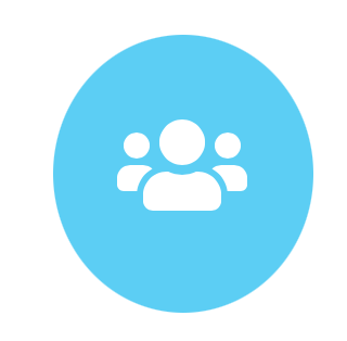 Icon of three white people inside a blue circular background, representing a group or community.