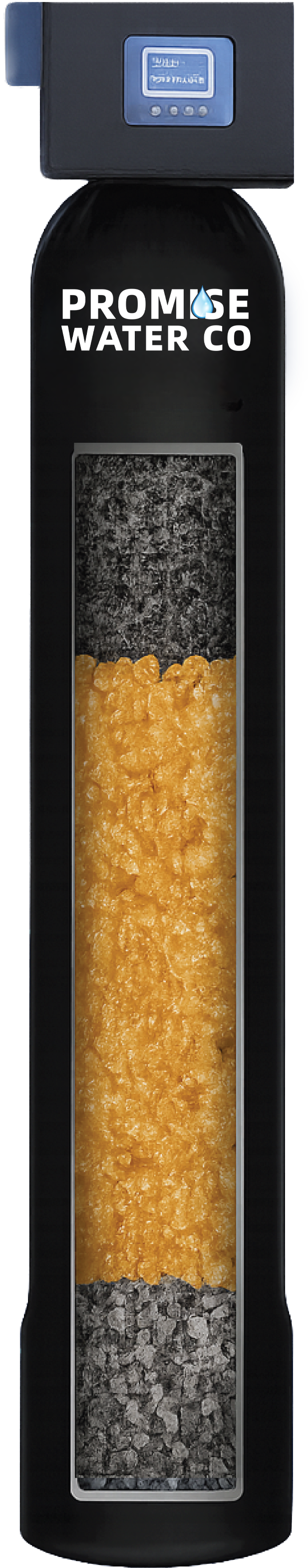 Water softener tank from Promise Water Co with a graphical display and a transparent section showing layers of gravel, resin, and salt inside.