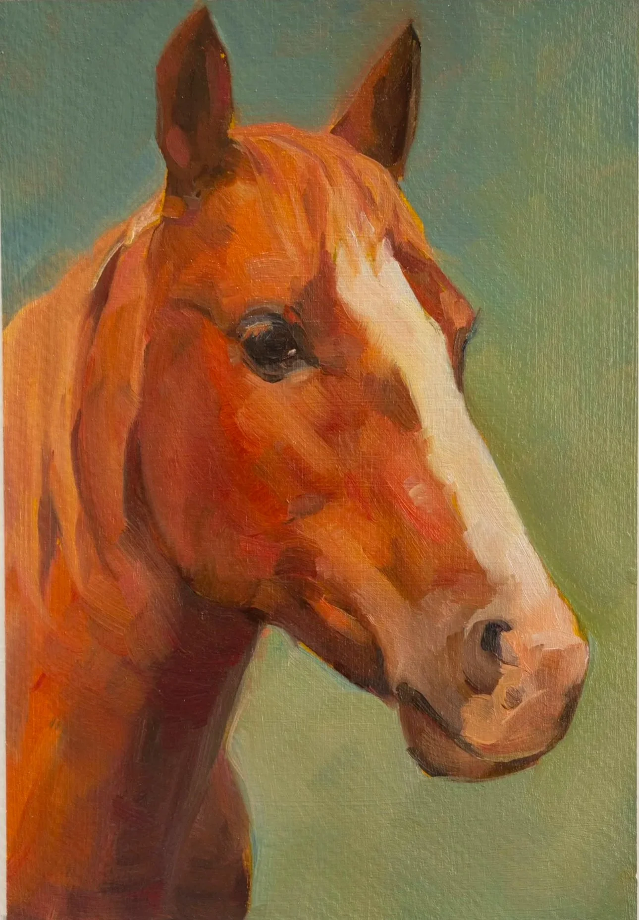 Painting of a horse's head and part of its body with a green background.