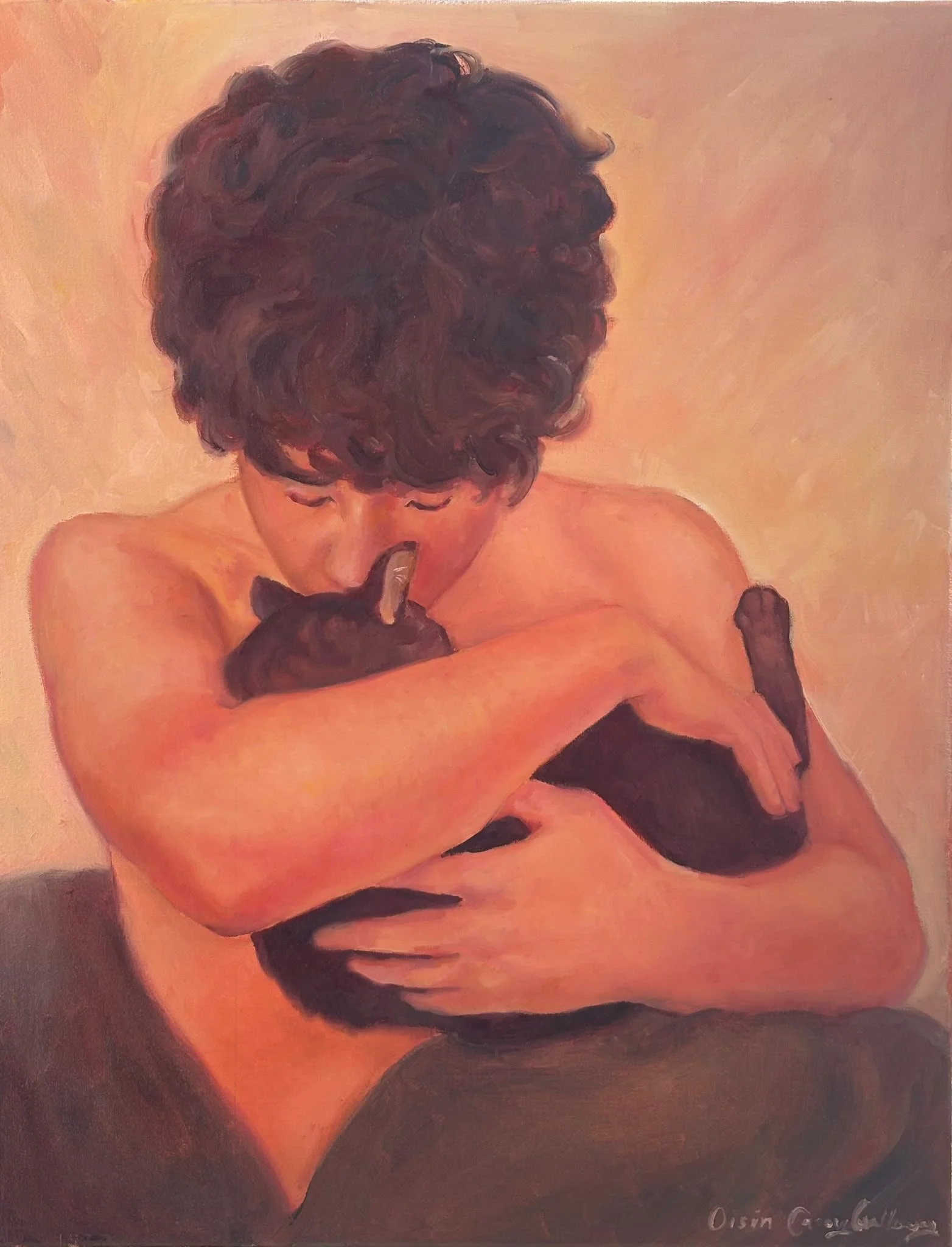 Oil painting of a person with curly hair and light skin, holding a tabby cat. Background is warm, reddish tones.