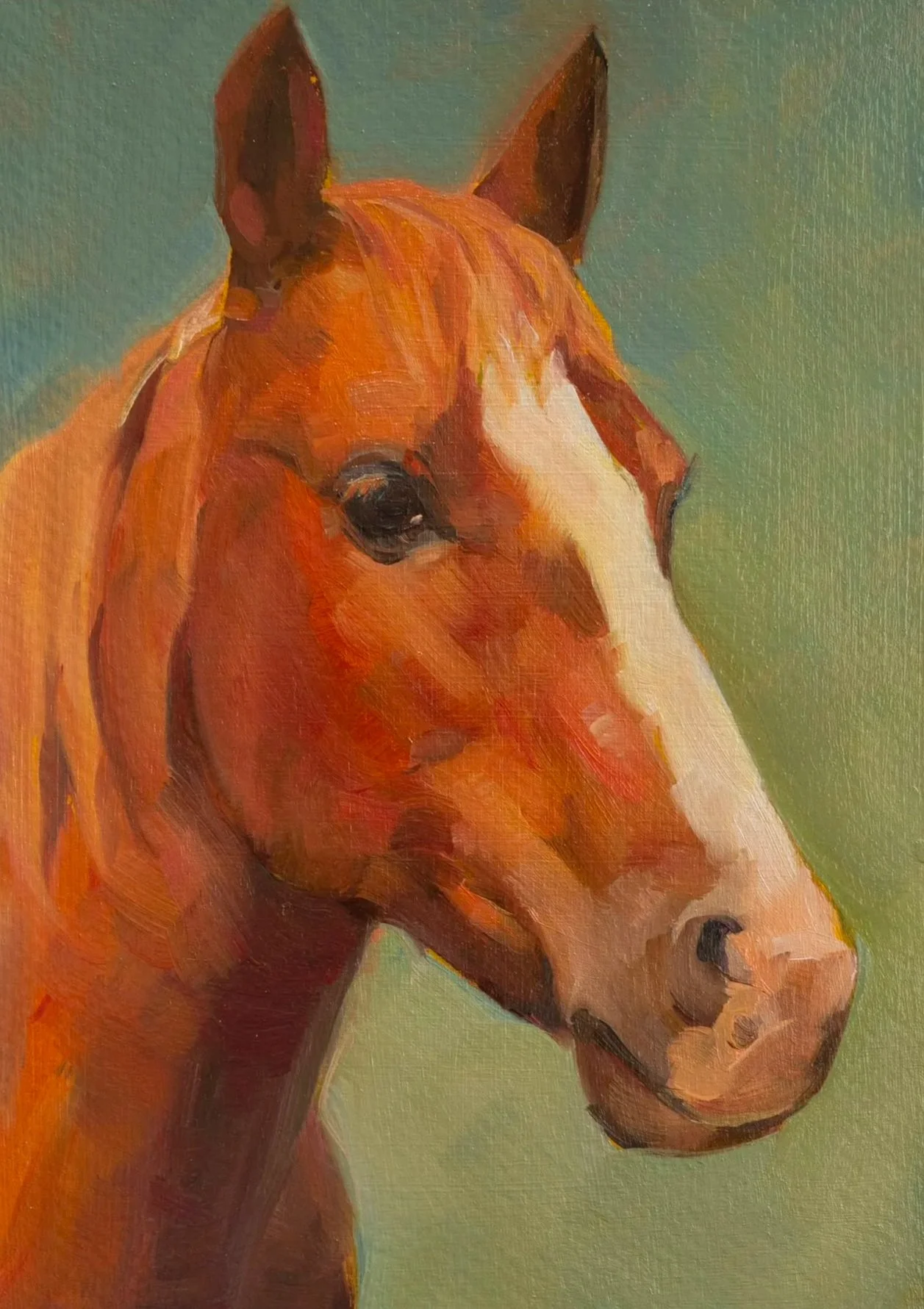 Oil painting of a horse's head in profile with reddish-brown coat and black mane against a green background.