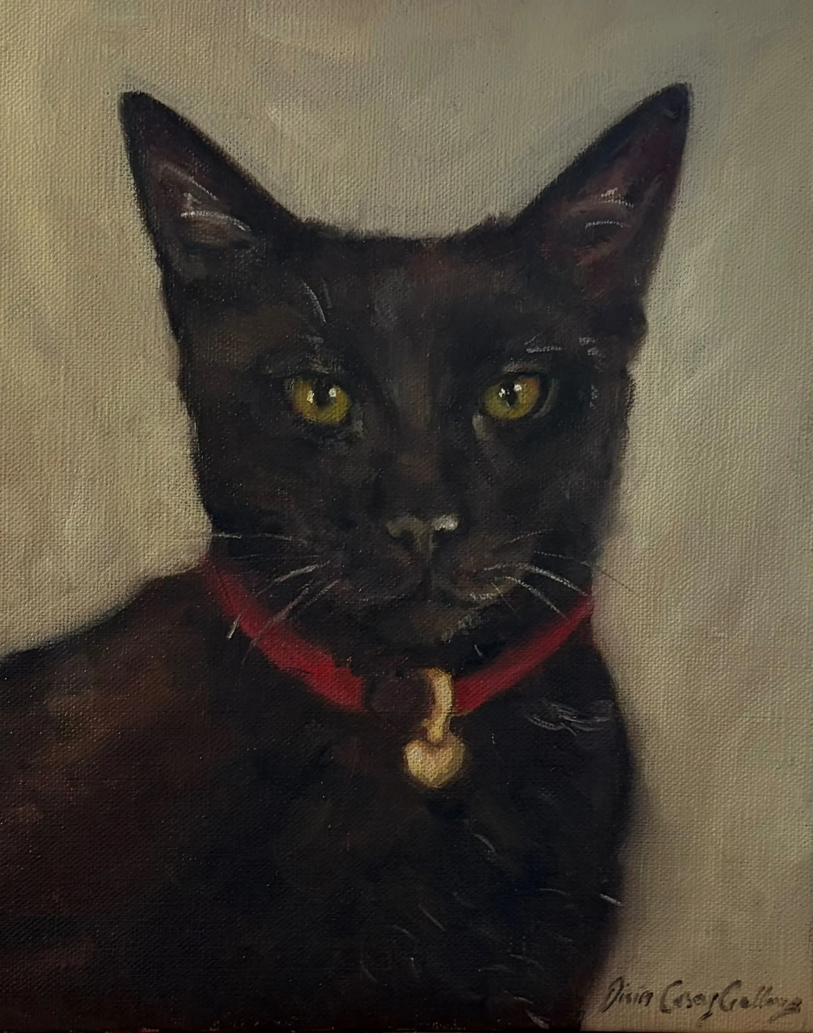 Painting of a black cat with yellow eyes wearing a red collar against a neutral background.