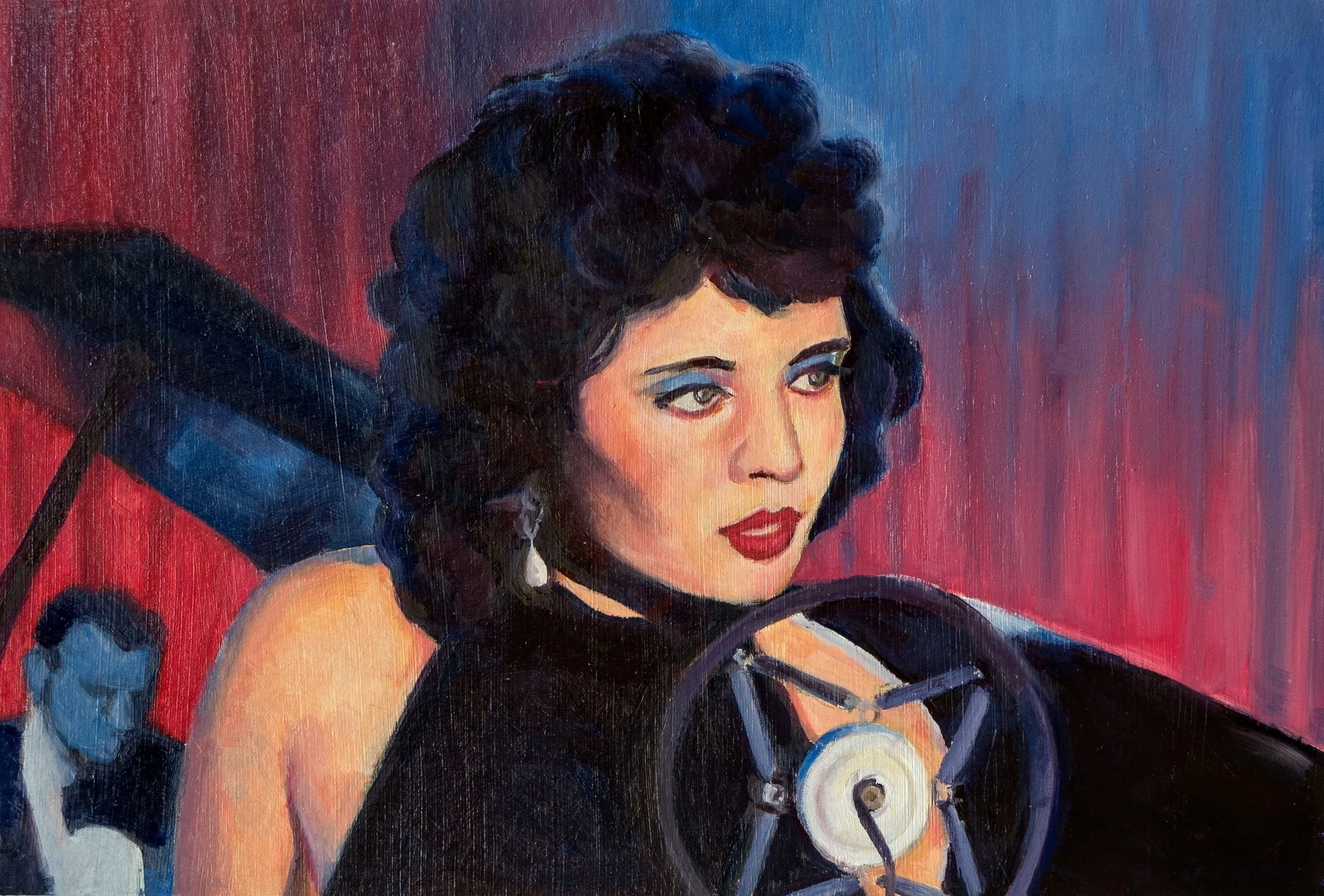 A colorful painting of a woman with dark, curly hair, wearing a black top with a circular accessory, and holding microphone, with a red and blue background.