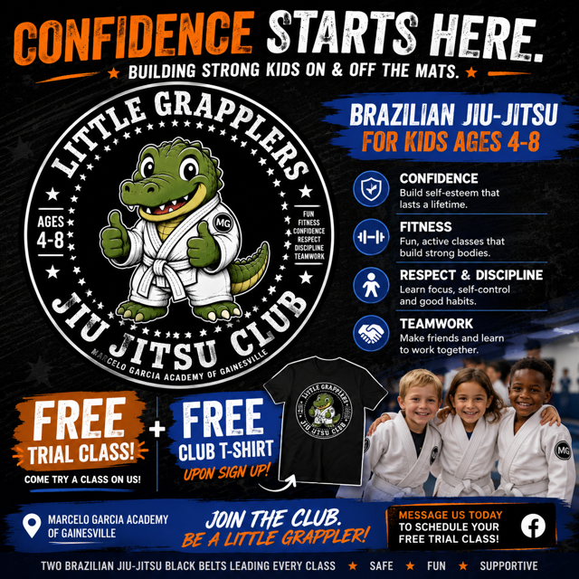 Flyer for Little Grapplers Jiu Jitsu Club for kids ages 4-8. Features a cartoon alligator in a gi giving a thumbs up. Highlights include free trial class and club T-shirt, with info on building confidence, fitness, respect, discipline, teamwork, and safety. Photos of smiling children in gi uniforms.