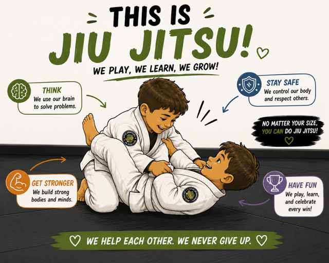 Two children practicing jiu jitsu on a mat, wearing white gi uniforms with patches. One child is on top demonstrating a move, and the other is on the bottom. The background includes motivational phrases and statistics about jiu jitsu, emphasizing learning, safety, strength, fun, and mutual help.
