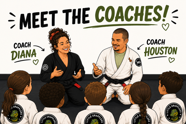 Illustration of two martial arts coaches, Diana and Houston, speaking to a group of children in martial arts uniforms, with the words 'Meet the Coaches!' and their names with hearts and arrows.