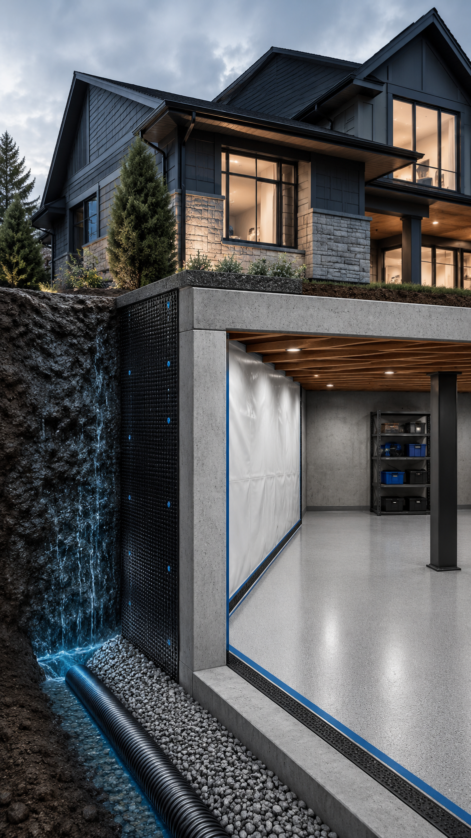 Residential basement with water intrusion and damp concrete walls.