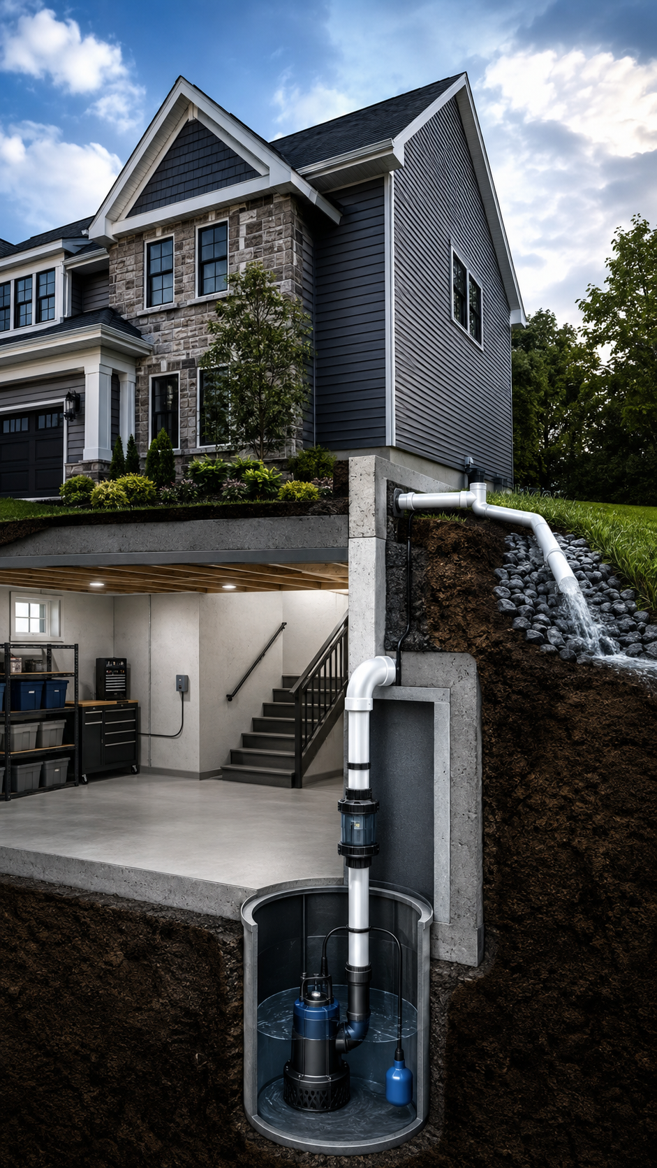 Heavy-duty sump pump system installed in a residential basement to prevent flooding.