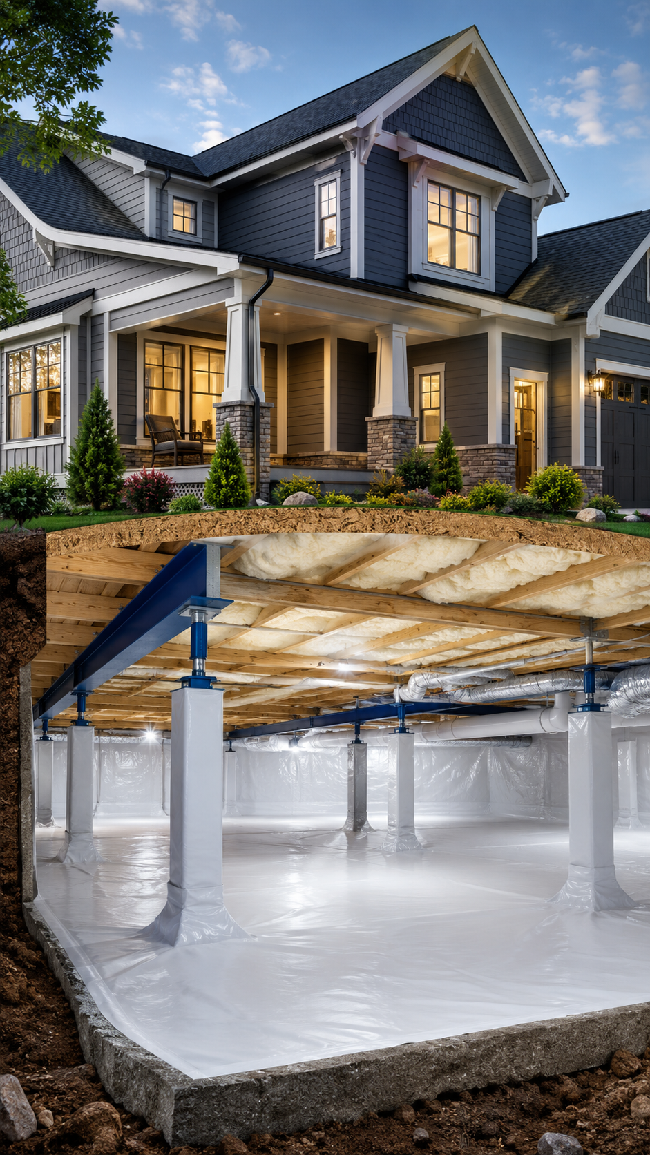 Clean and fully encapsulated crawl space with a white vapor barrier.