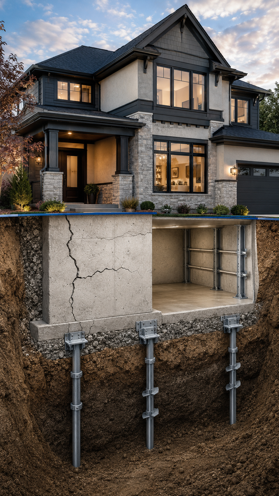 Severely cracked concrete foundation wall needing structural repair.