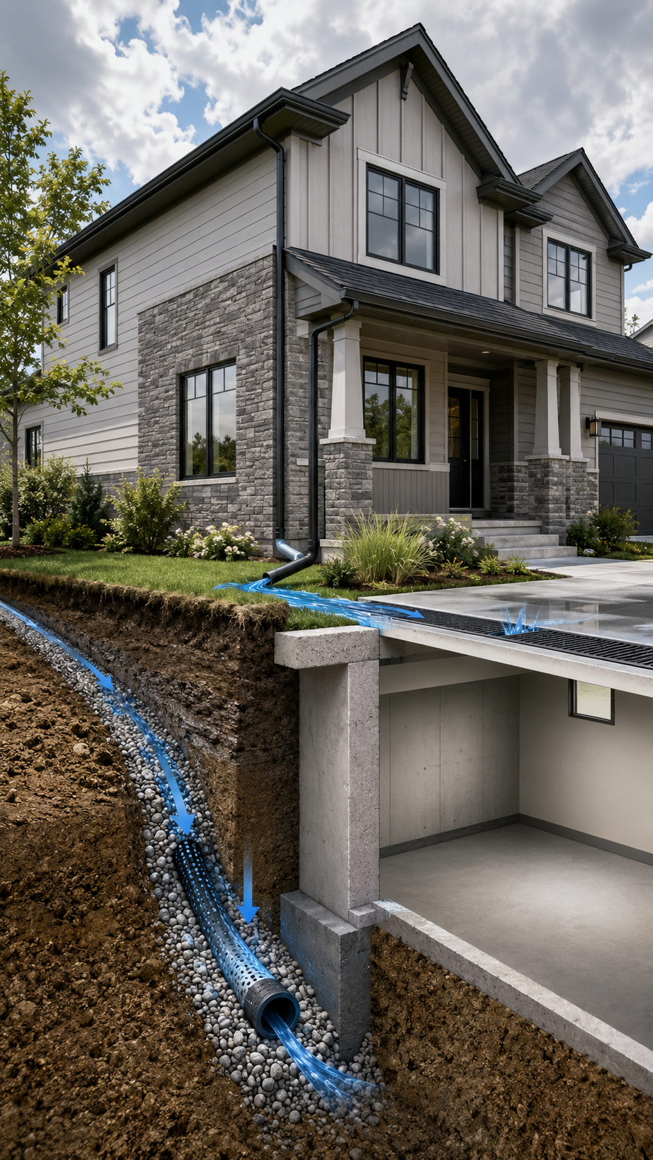 Surface catch basin and exterior yard drainage solution to prevent water pooling.