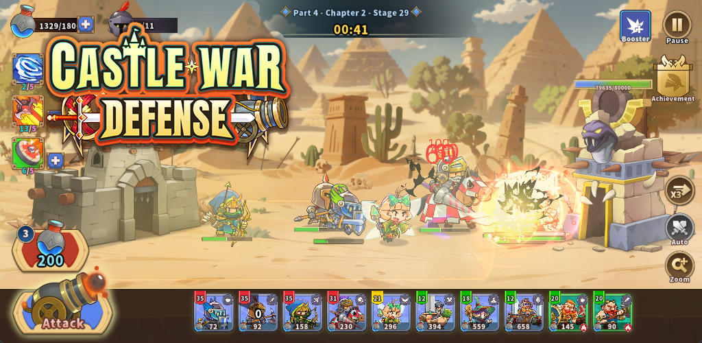 A tower defense game titled 'Castle War Defense' showing a desert landscape with castles and cacti, with characters attacking a castle wall, and game controls and stats displayed.