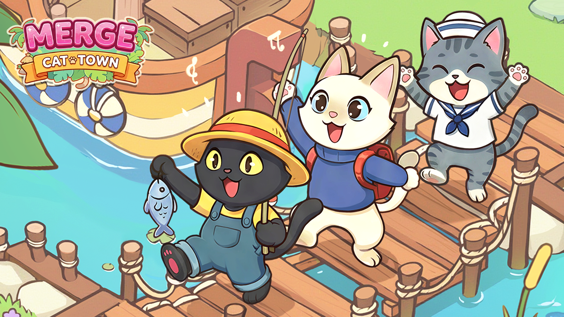 Three cartoon cats in sailor and explorer outfits joyfully standing on a wooden dock by the water, with one holding a fishing rod and a fish, and two others jumping with happiness.