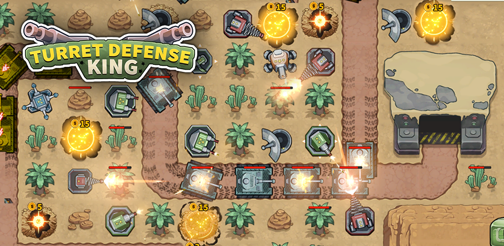 A tower defense game featuring military vehicles and weapons, including tanks and cannons, arranged along a dirt path. Explosions and projectiles are visible, with in-game currency displayed as gold coins. The game is titled 'Turret Defense King' with desert and cactus scenery backgrounds.