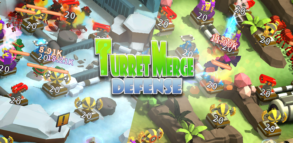 Screenshot from a tower defense game called 'Turret Merge Defense' showing snowy and jungle terrains with various turrets, some firing, and enemy units attacking the defenses.