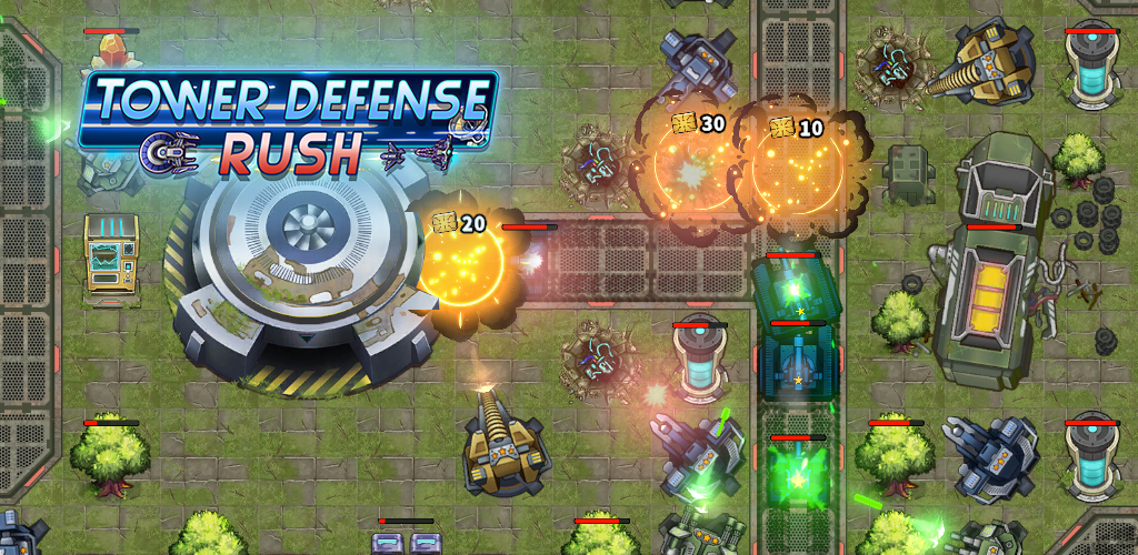 Screenshot of a tower defense game with a large central base, various attacking enemy units, and defensive towers shooting projectiles, with an overlay title 'Tower Defense Rush'.