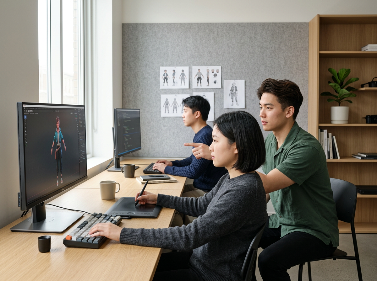 Three people working together at a computer desk, with two monitors displaying 3D character models and design software, in a modern office with shelves and artwork on the wall.