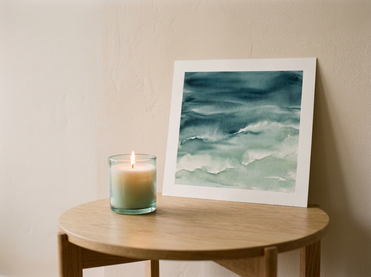 A lit candle in a glass holder next to a framed watercolor painting of ocean waves on a wooden table against a beige wall.