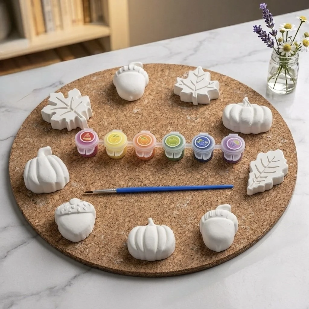 A round cork board displays white ceramic pumpkins and leaves, along with six small jars of colorful paint, a blue paintbrush, and a small vase of purple and white flowers on a white marble surface.