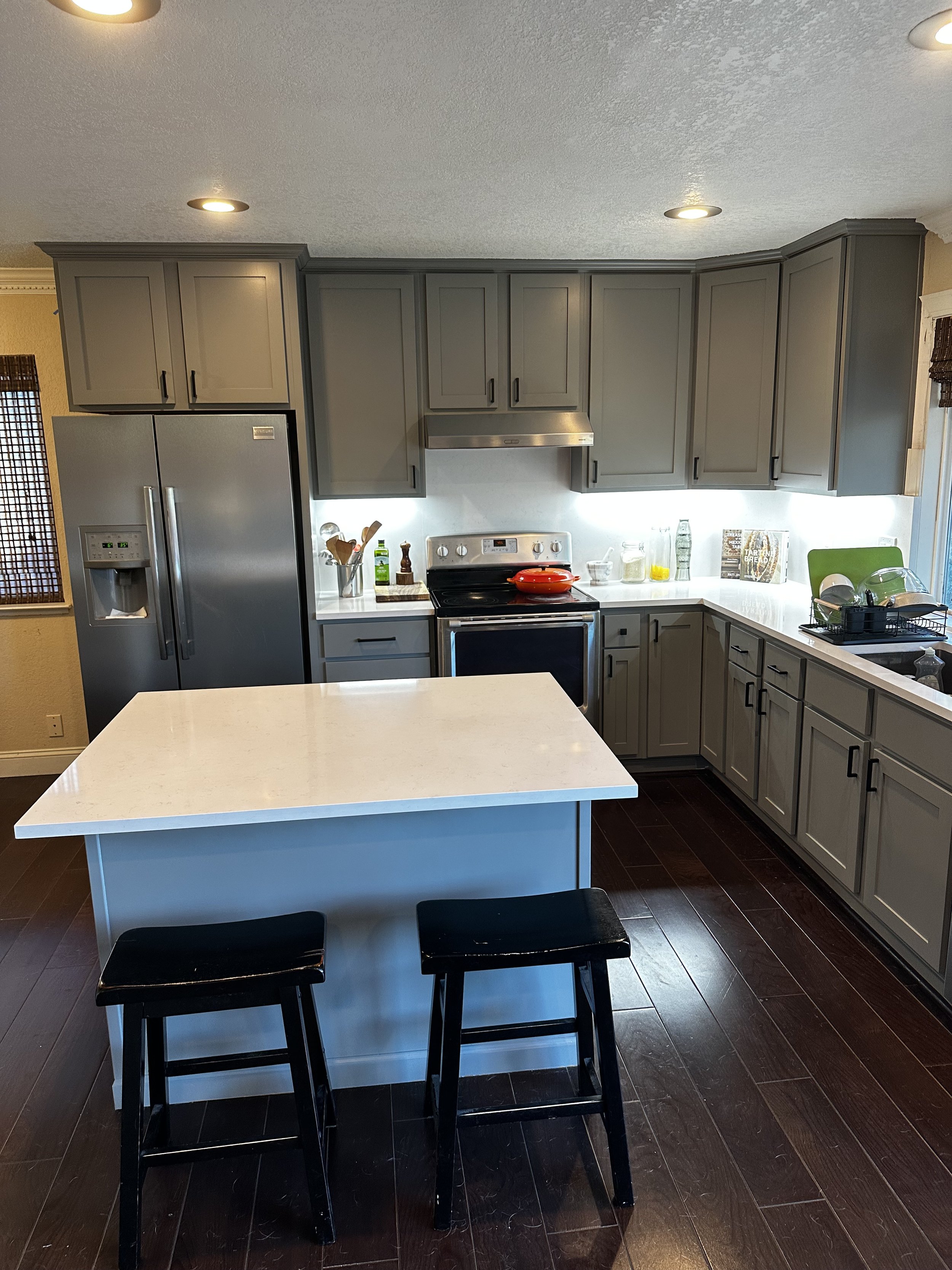 new marble counter tops, 3 coats of fresh paints on all cabinets and doors and drawers