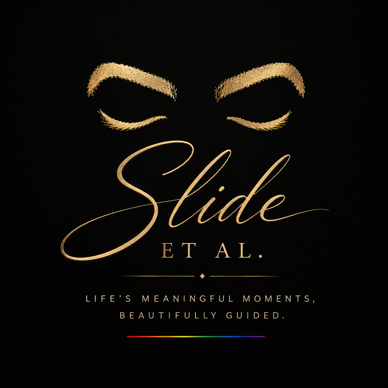 Logo for 'Side et Al.' with gold stylized eyebrows and eyelashes above the text, and a tagline 'Life's meaningful moments, beautifully guided' in gold on a black background.