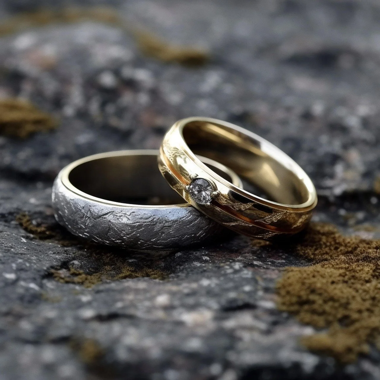 Close-up of a silver wedding band and a gold wedding band with a small diamond, placed on gravel and dirt outdoors.