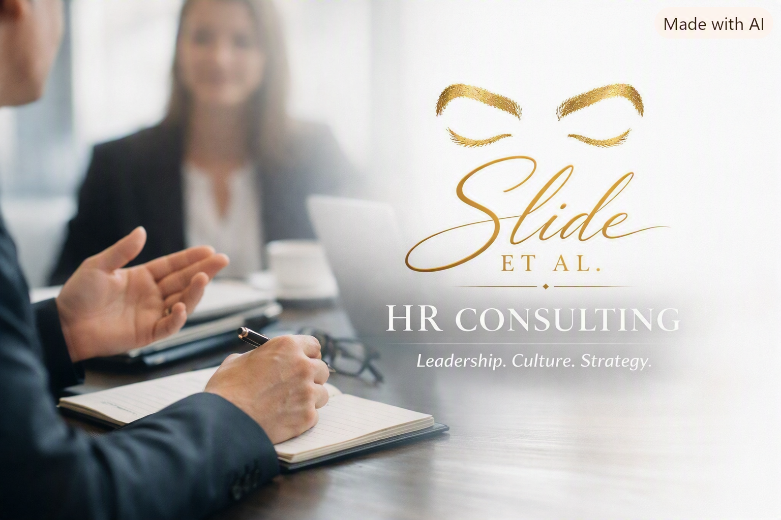 A business meeting scene with two women and one man sitting at a table, engaging in discussion, with a focus on the person in the foreground writing in a notebook. Overlaid text promotes HR consulting services with words 'Slide et al. HR Consulting. Leadership. Culture. Strategy.'