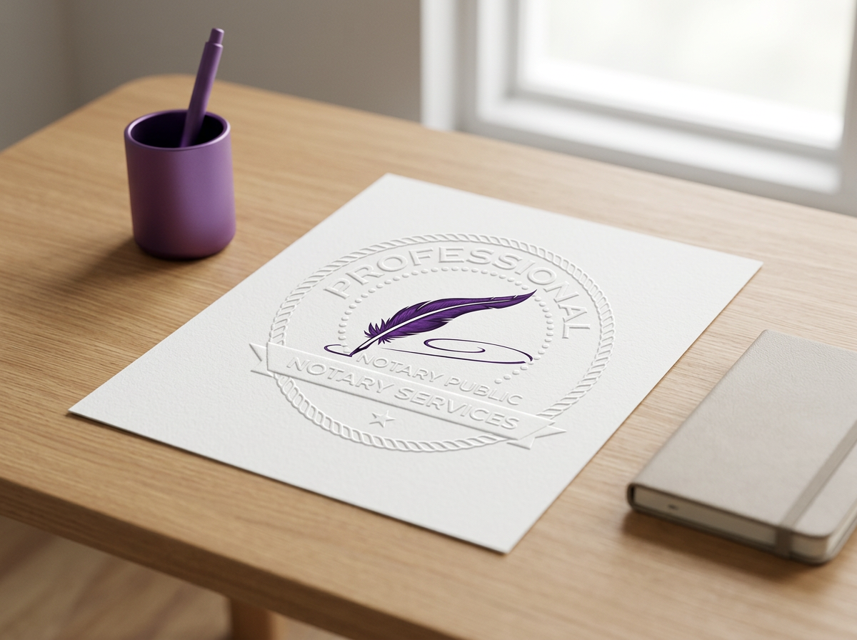 Embossed paper with a purple feather logo and the words "Professional Notary Public" and "Notary Services" on a wooden table, positioned beside a purple pen holder and a closed notebook.