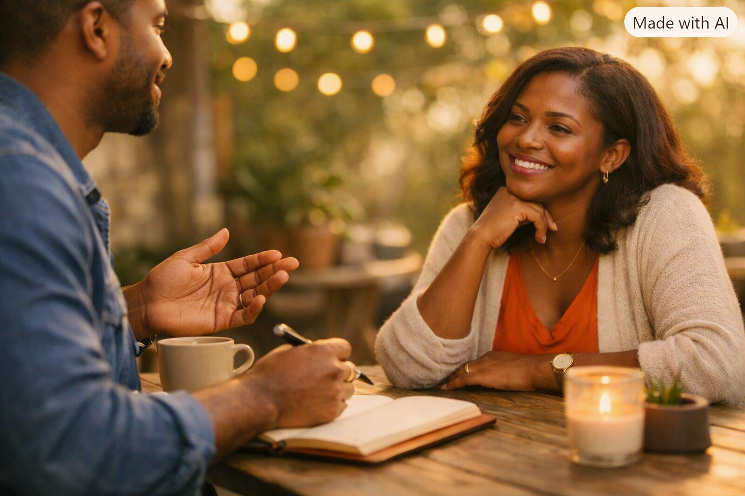 A man and a woman sit at a wooden table outdoors during the evening, engaged in a conversation. The woman is smiling, resting her chin on her hand, while the man gestures with his hand, holding a pen and a mug. There is an open notebook, a lit candle, and a small potted plant on the table along with a warm, cozy ambiance.