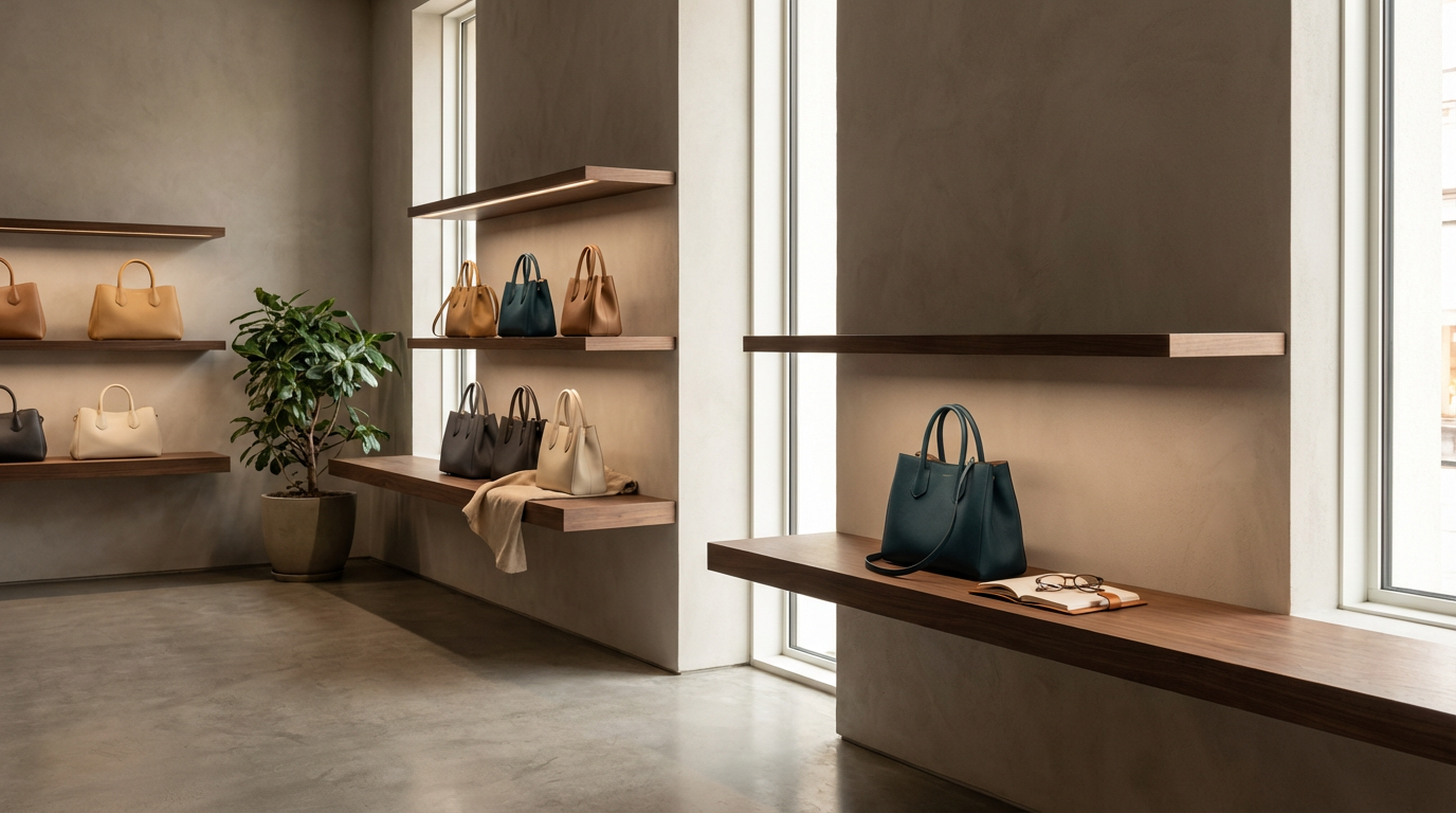 Display of handbags on wooden shelves in a minimalist boutique, with a potted plant and a window