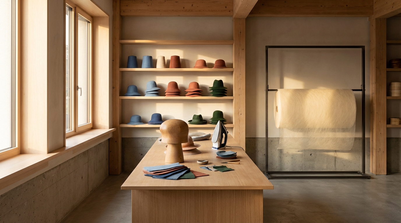 A craft room with wooden shelves displaying colorful felt hats, a wooden table with felt pieces, a mannequin head, and a rolling rack with felt fabric, next to a large window letting in natural light.