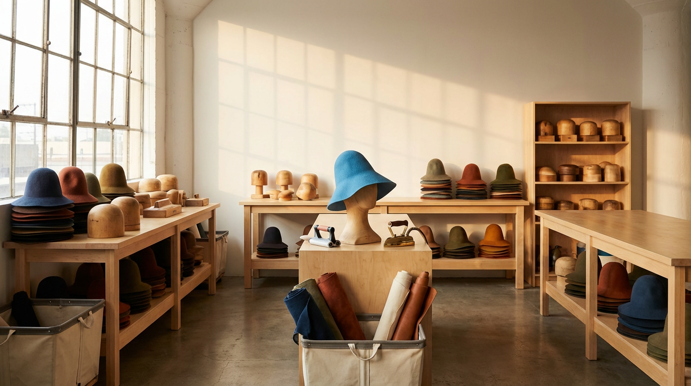 A store filled with wooden shelves and tables displaying a variety of colorful felt hats and hat blocks in a bright, naturally lit room.