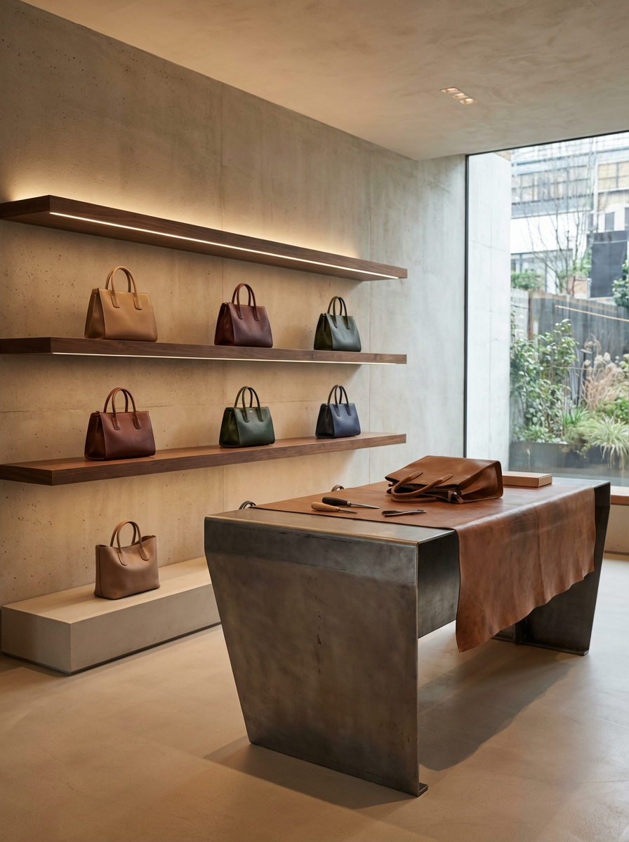 Display of leather handbags on wooden shelves in a minimalist retail store with a concrete wall and large window.