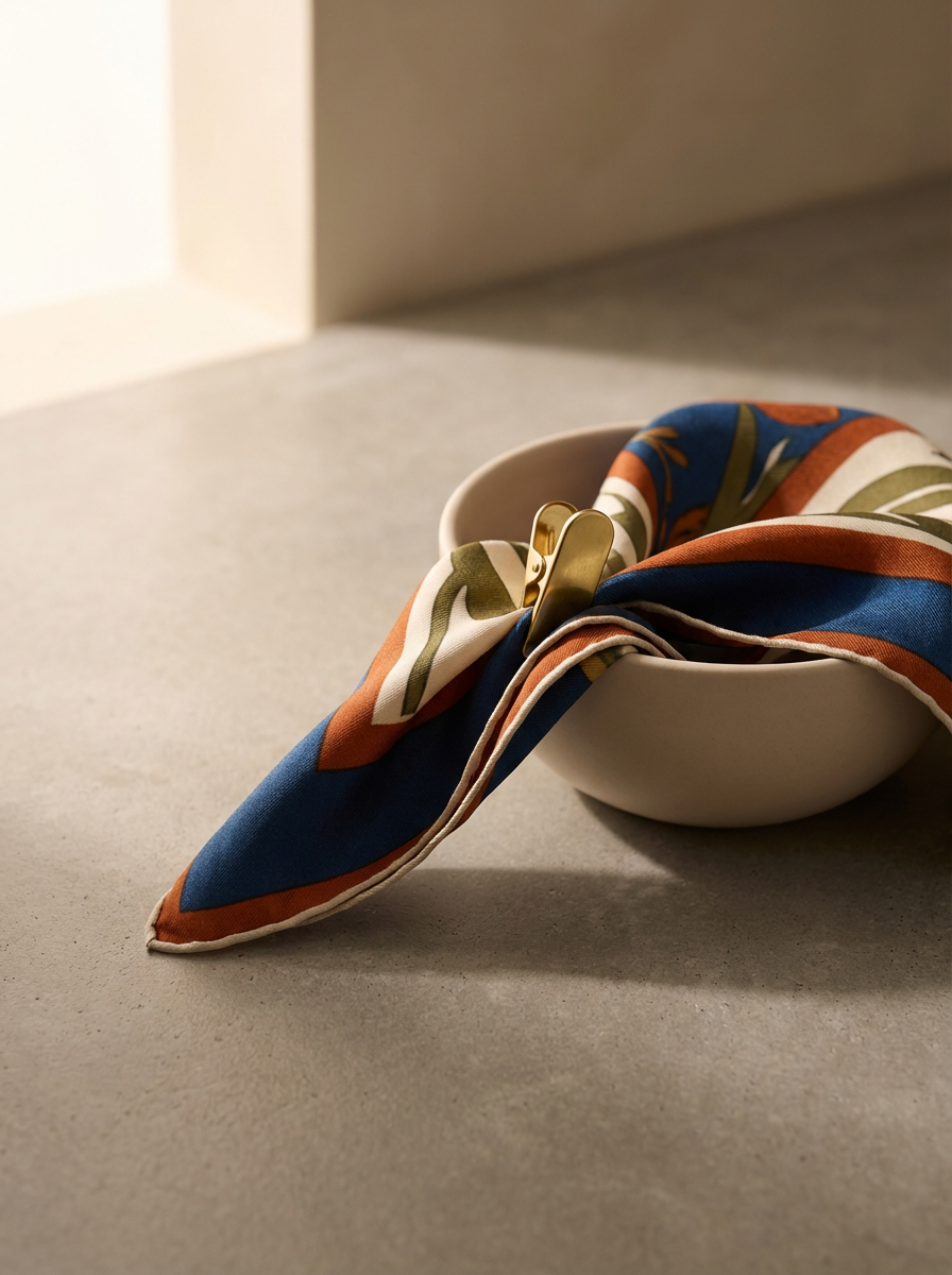 A white bowl with a colorful silk scarf draped over its side, placed on a light gray surface.