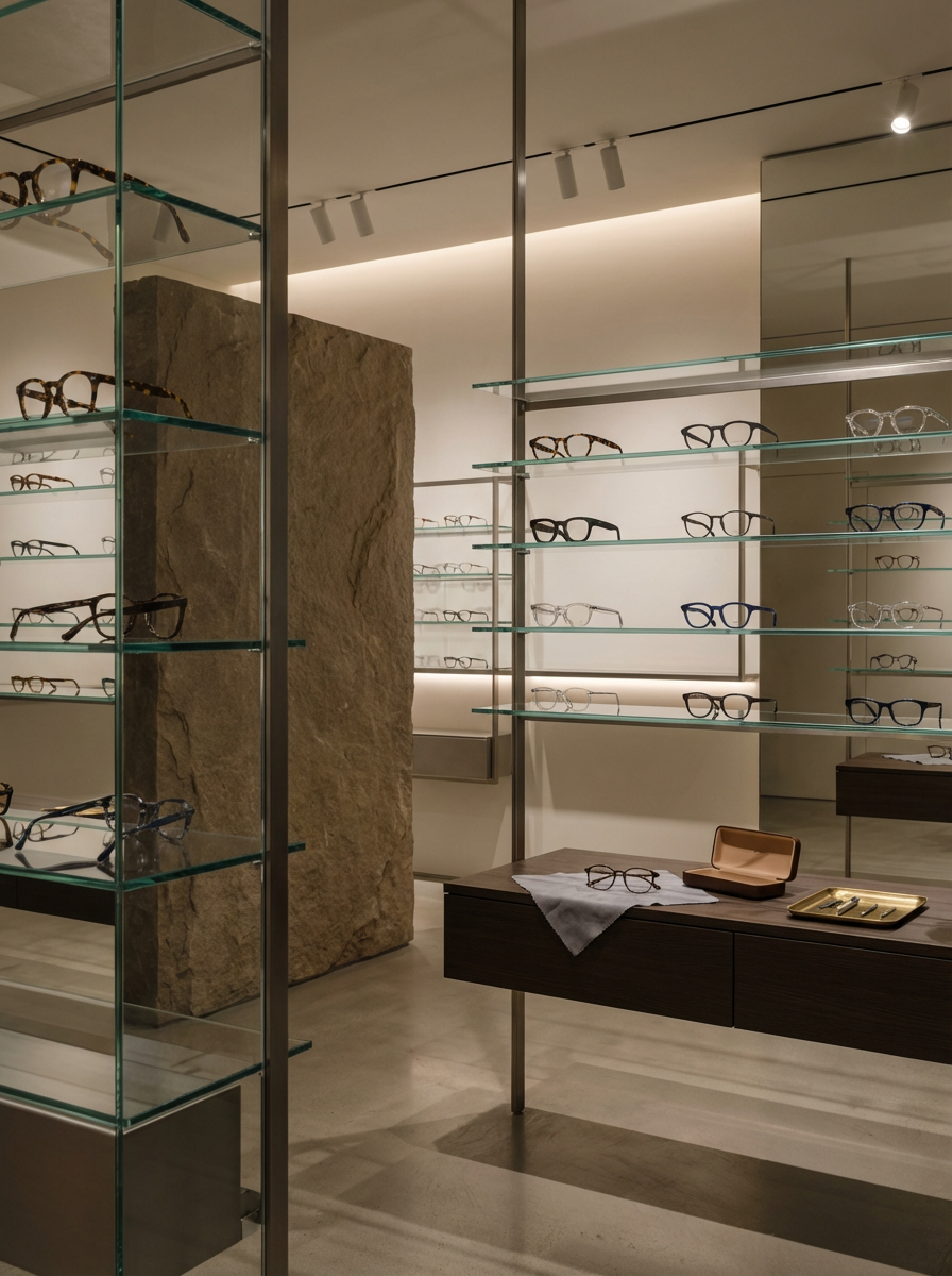 Interior view of an eyewear store showcasing eyeglasses on glass shelves with warm lighting, a stone partition, and a wooden display table with a pair of eyeglasses, a cloth, and some small trays.