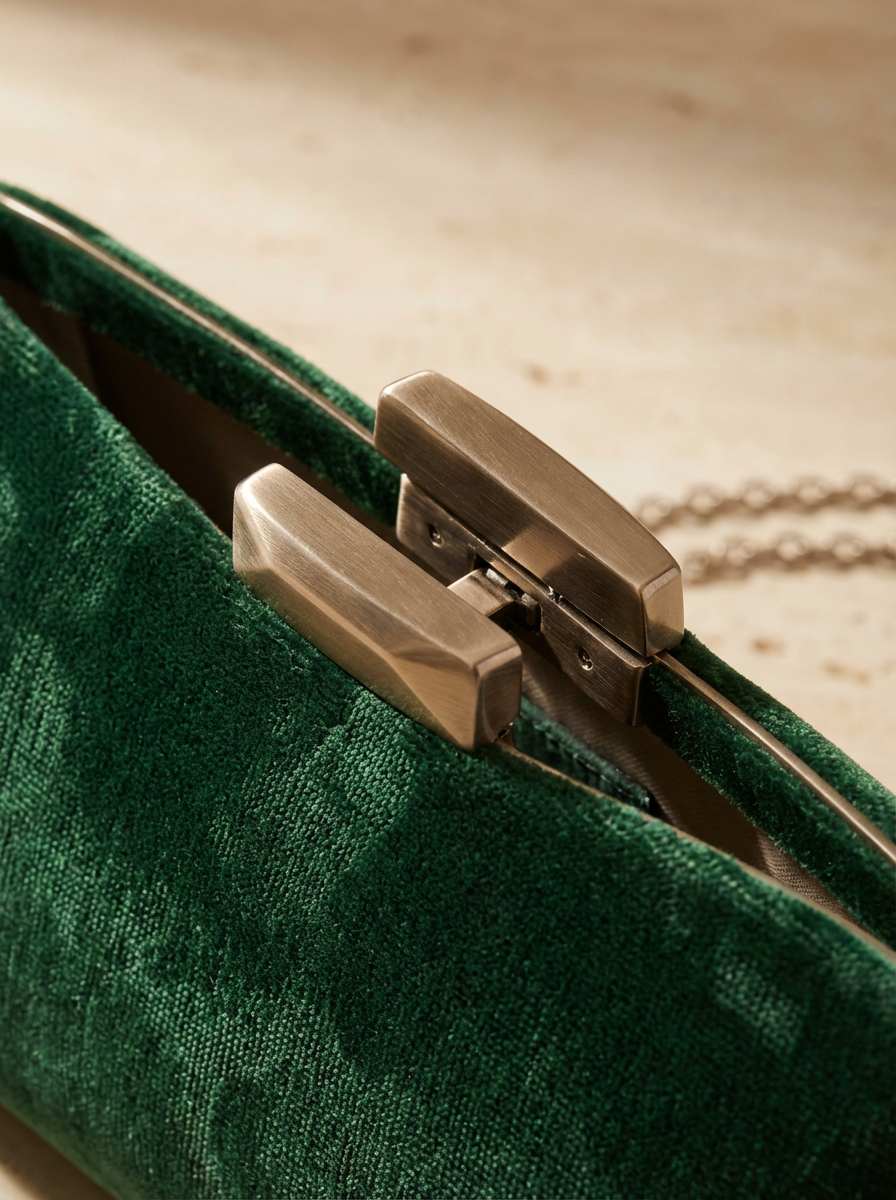 Close-up of a green velvet clutch purse with a metallic clasp closure.