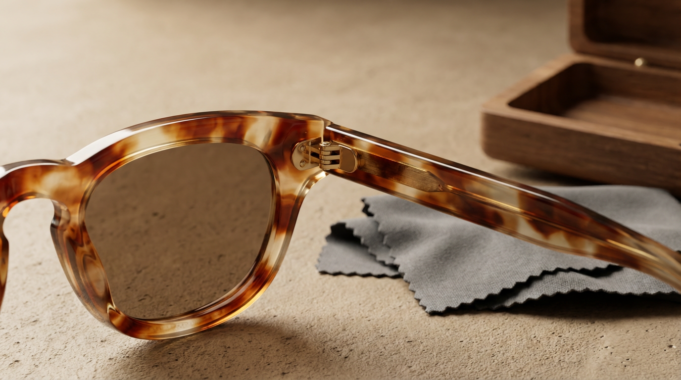 A pair of tortoiseshell sunglasses with dark lenses resting on a gray cloth, with a wooden case in the background.