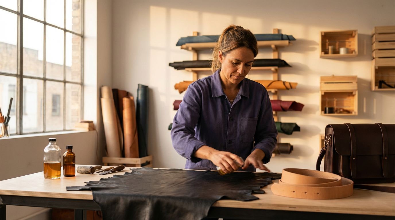 A woman working on leather in a well-lit workshop with leather rolls and tools on the table.