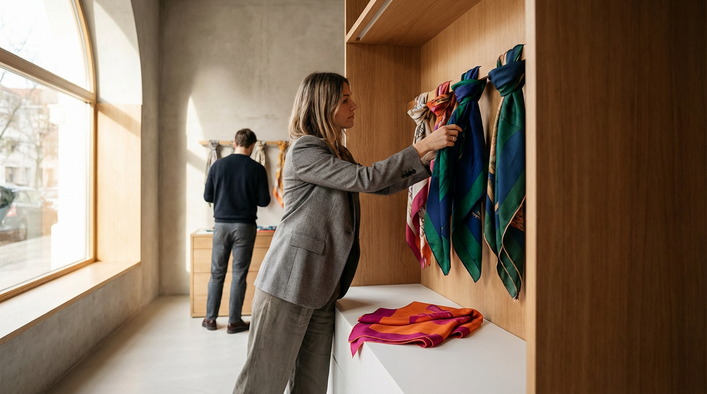 A woman in a gray blazer and gray pants looking at colorful silk scarves hanging on a wooden display in a shop. A man in a dark sweater is in the background near a window in a light-filled room.