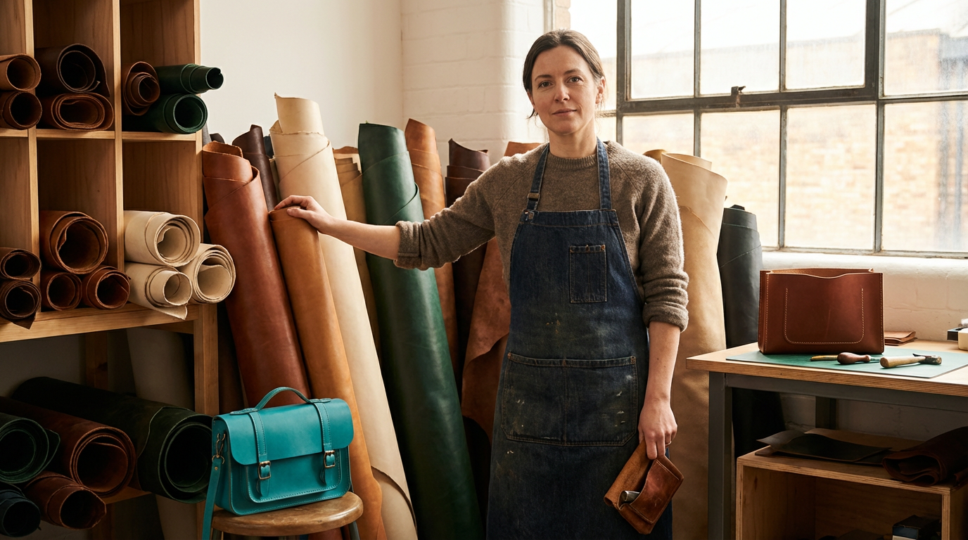 A woman in a gray sweater and denim apron stands in a leather workshop, surrounded by rolls of leather in various colors, holding a brown leather item in her right hand.