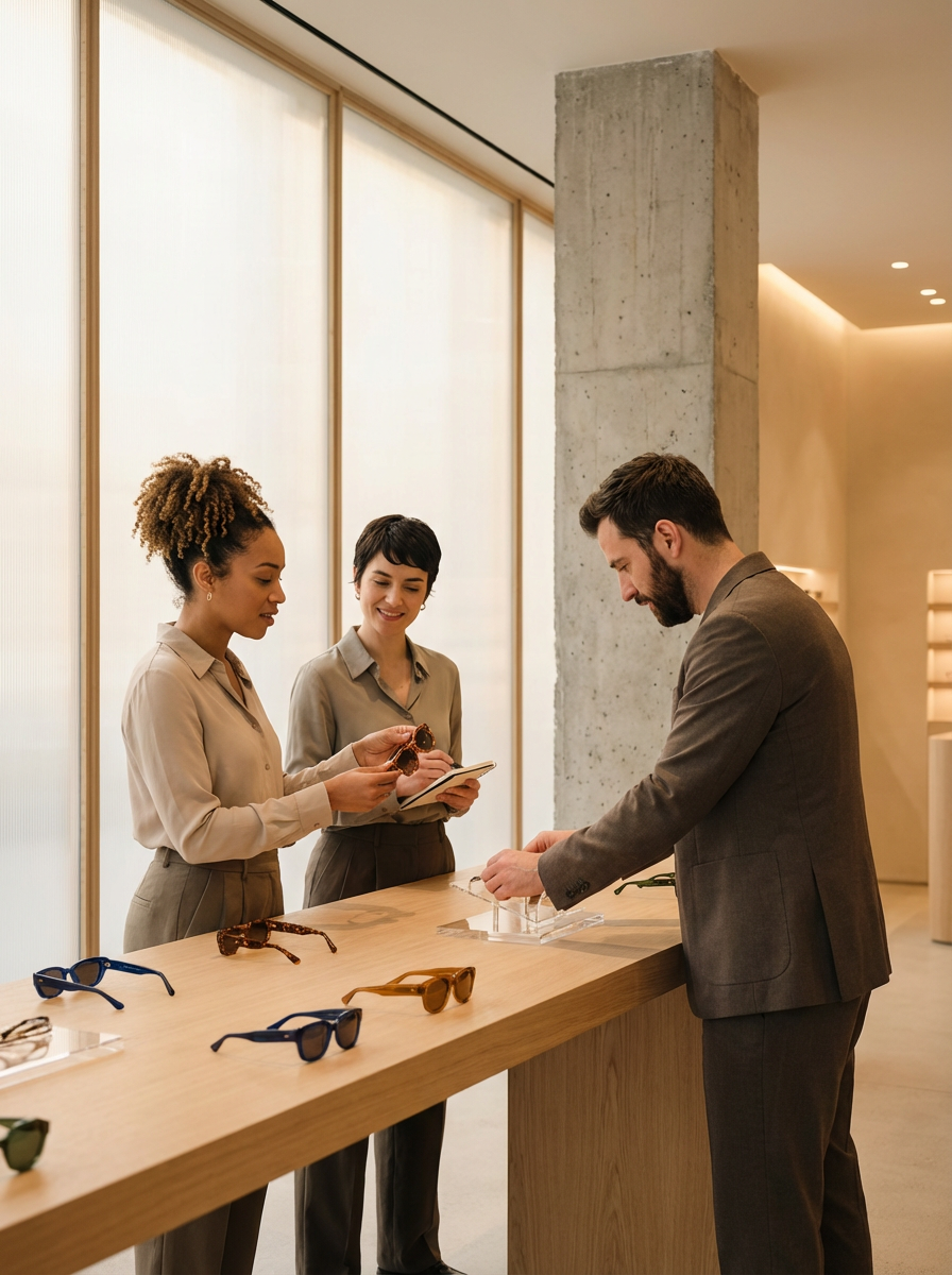 A man shopping for sunglasses with two female sales associates at a modern store. The table displays various sunglasses.