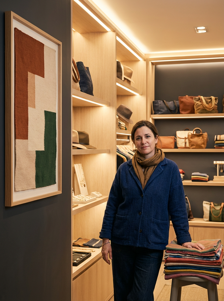 A woman standing in a retail store with shelves of bags, hats, folded clothes, and accessories, wearing a blue jacket and brown scarf.