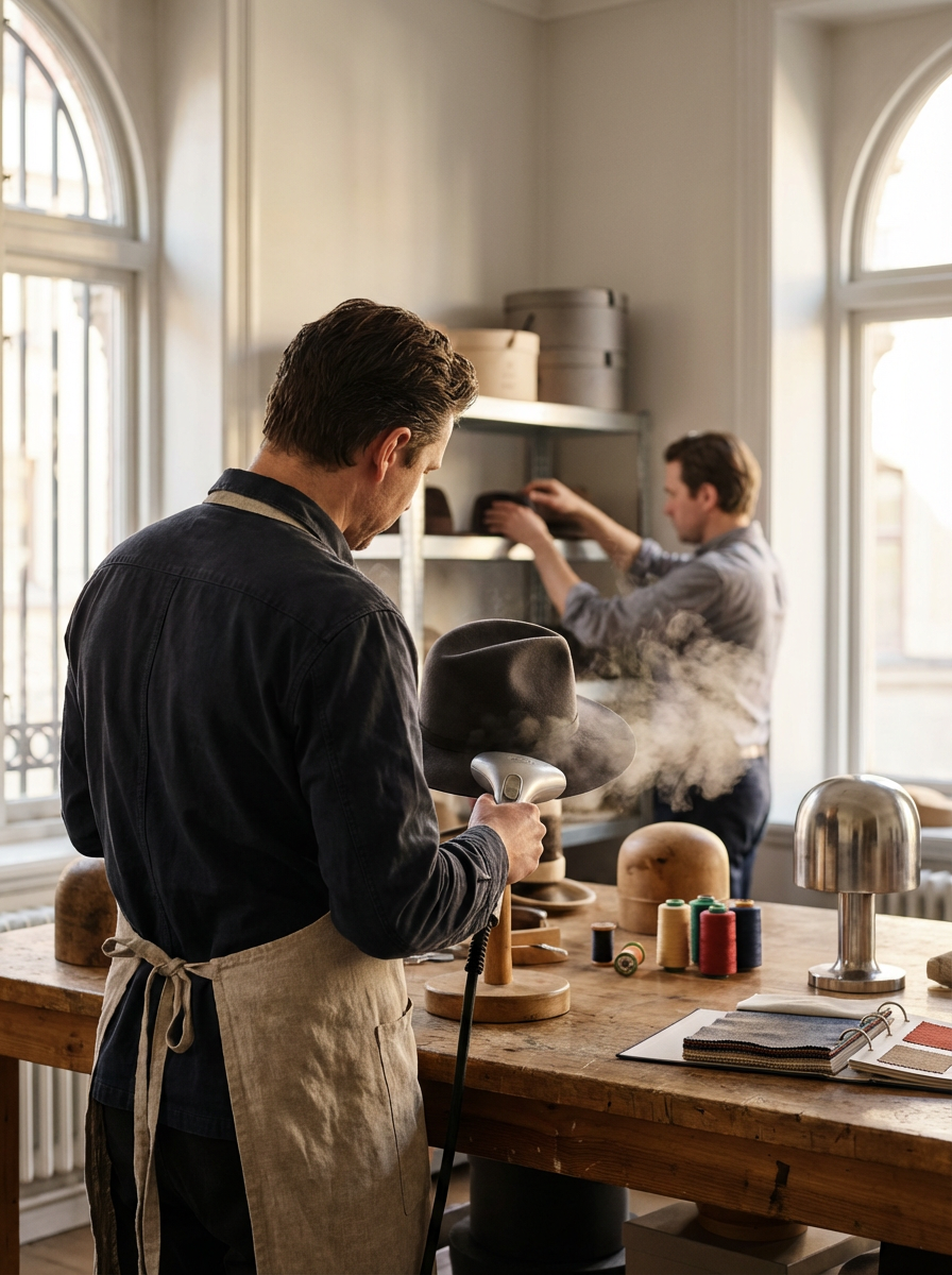 Man with apron steam cleaning a black fedora hat in a room with large windows, while another man in the background shelves items.